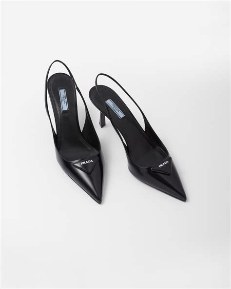 prada black pumps brown racing stripe|Black Brushed Leather Slingback Pumps .